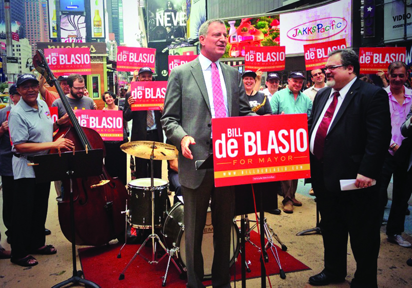 Bill de Blasio accepted Local 802's endorsement on Aug. 12 at a spirited press conference in Times Square that featured live music performed by Local 802 members. Photo: New Yorkers for de Blasio