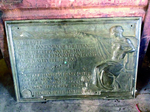A 1912 bronze plaque honoring the musicians of the Titanic, who went down with the ship. It was commissioned by the union that would later become Local 802.