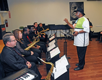 Bernard Purdie gives some tips to the York College Big Band.