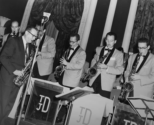 Jimmy Dorsey at left (in black suit) and Red Press, third from the right. "Nothing matches the thrill that I had when I was playing with Tommy Dorsey's band."