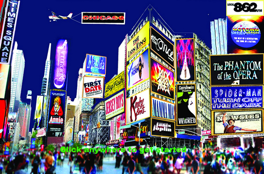 The home page of the new site BroadwayMusicians.com features a montage of Times Square by graphic artist and Equity member Michael Dantuono. Broadway musicians who want their show represented on the site should send an e-mail to tcnotice@icloud.com.