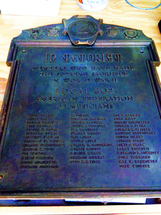 Local 802's plaque honoring members who died in World War II.