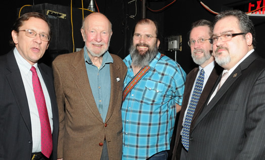 Pete Seeger with the Local 802 officers and singer/songwriter Steve Earle at Local 802's 90th birthday party and gala in 2011. Photo: Walter Karling.