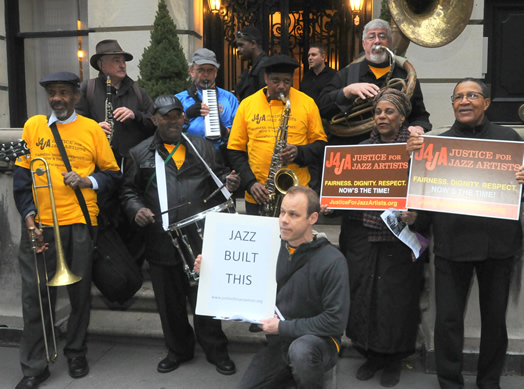 TAKING IT HOME: Above, musicians and union activists rally and perform last year in front of the multi-million dollar townhouse owned by one of the Blue Note partners. At right, a letter sent to Jazz Standard owner Danny Meyer, signed by seven prominent jazz musicians.