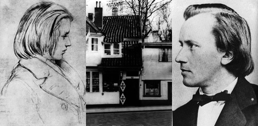 From left, Brahms at 19; Brahms childhood home at 29 Dammtorwall in Hamburg; Brahms at 33. Photos courtesy of the author.