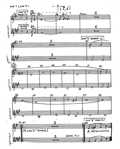 Above, a page of notation showing a double staff wood flute part with non-standard transpositions. The part has concert pitch on the bottom, and the transposed part on top, first for “E” flute (a major-second higher than a C concert flute), and then (at measure 44) for “low A wooden flute,” which is the same range as a Western alto flute. The concert key is F# minor, but both wooden flute parts are written with one sharp in the key. The performer will be able to interpret that key signature and use fingerings that are specific to each flute to produce the correct pitches. This is the preferred notation method.