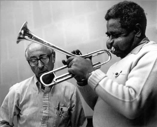 Abe Osser with Dizzy Gillespie at a rehearsal for a concert at Carnegie Hall.