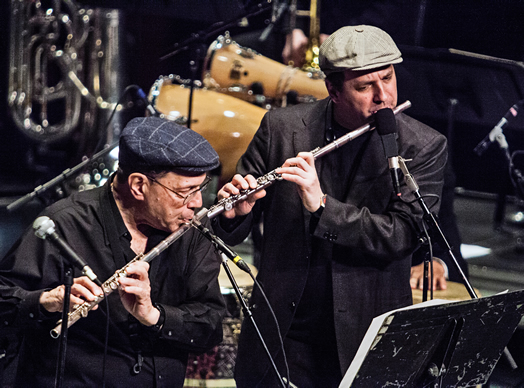 Local 802 member Bobby Porcelli has long played in the Latin jazz scene and is an alumnus of Tito Puente’s band. Above, Porcelli (left) and Peter Brainin, performing in the Arturo O’Farrill Afro Latin Jazz Orchestra.