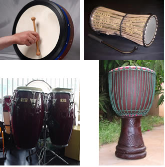 Clockwise from top left, four "ethnic" drums: bodhran, talking drum, djembe, congas