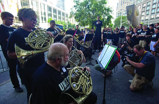 Met Opera musicians perform at a rally in front of Lincoln Center in early August. Photo: Kate Glicksberg.