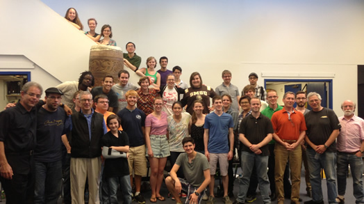 These music students learned what it takes to be a Broadway percussionist. Front row (from left): Kory Grossman, Javier Diaz, Jonathan Haas, Baturay Kumbaroglu, Jarryd Elias, Ryan McBride, Ben Herman, Warren Odze and John Miller. Second row: Sean Statser, Michael McNicholas, Christian Clark, Austin Lamarche, Danielle Chan, Katie Hammond, Alex Durr, Kasey Blezinger, Christie To, David Havens, Murphy Aucamp and Ryan Folger. Third row: Shakir Ballantyne, John Gavin, Andre Perez, Sara Prengaman, Emily Weeks, Meghan Carmody, Matthew Crane and Wilson Torres. Stairs (top to bottom): Sara Barsky, Carime Santa Coloma, Sarah Bennett, Doug Chew, Indigo Cook, Alex Appel and Luis Jacome.