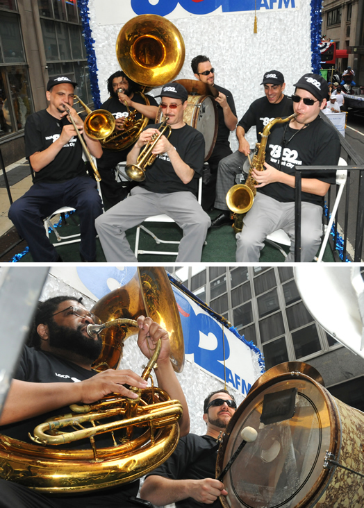 This year's band included Rick Faulkner (trombone), Kenny Bently (tuba), Kevin Blancq (trumpet), Moses Patrou (bass drum), Stephan Schatz (snare) and Scott Bourgeois (saxophone).