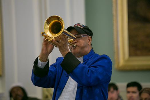 TESTIFYING: Local 802 member Jimmy Owens closes out his testimony before the New York City Council with a rendition of "Nobody Knows the Trouble I've Seen." Photo: William Alatriste