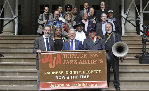Musicians, council members and Local 802 staff and officers celebrated the City Council vote supporting the Justice for Jazz Artists campaign. Photo: Kate Glicksberg