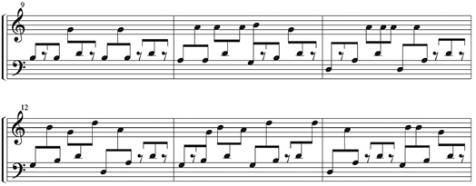 An example of notation for the gyil. Notice how the stems of eighth notes from the "treble" (right hand) clef and the "bass" (left hand) clef share a beam. This is done so the performer can easily understand the rhythmic relation between one hand and the other. Excerpt from "Lo Ben Doma" by Kakraba Lobi.