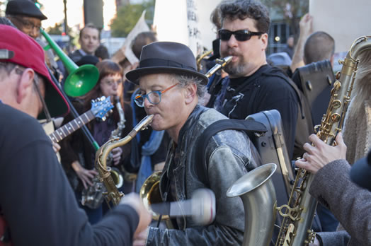 Local 802 member Kenny Wollesen and his band marched to Google's headquarters on Eighth Ave. Photo: Casey Dorobek
