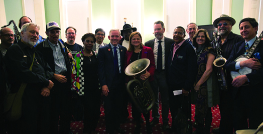 A VOTE FOR JAZZ MUSICIANS: In October, City Council passed a resolution supporting the Justice for Jazz Artists campaign. After the vote, Council Speaker Melissa Mark-Viverito and Cultural Chair Jimmy Van Bramer stand in solidarity with jazz musicians and Local 802 Recording Vice President John O'Connor. Photo: William Alatriste.