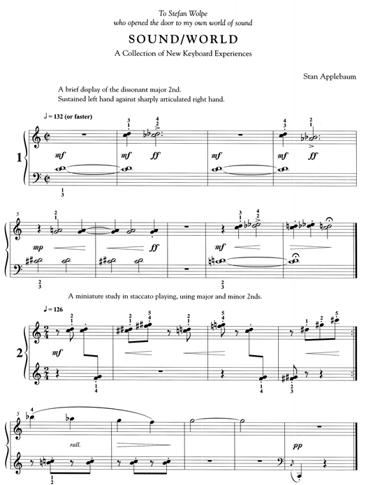 An excerpt from Stan Applebaum's "Sound/World," an intricate etude book, which won a prize in 1978 as the outstanding contribution to piano literature for intermediate students.