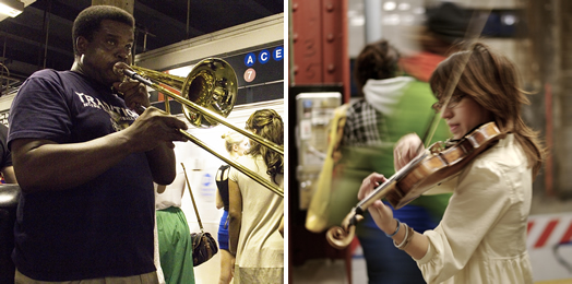 Under MTA rules, musicians may generally perform on subway platforms and accept donations. See for details.