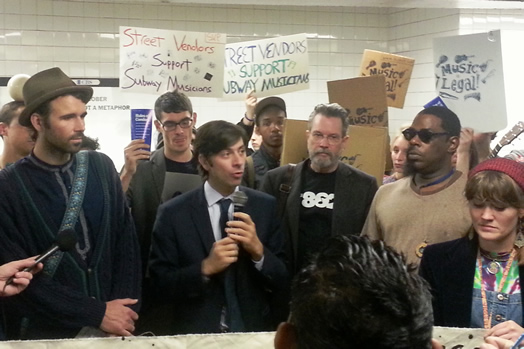 Kelleen later appeared with NYC Councilmember Stephen Levin and Local 802 Recording Vice President John O'Connor at a rally with other supporters. The law says that musicians may generally perform on NYC subway platforms and even solicit donations. photo: Shane Gasteyer