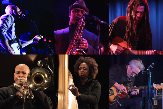 Clockwise from top left: Alan Hampton, JD Allen, Brandon Ross, Marc Ribot, Brandee Younger and Robin Eubanks. Photos: Jett Drolette, except Marc Ribot photo by Steve Sussman.