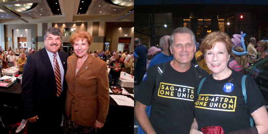 SOLIDARITY FOREVER: Roberta Reardon and AFL-CIO President Richard Trumka (left photo) and with SAG-AFTRA Vice President Robert Newman (right photo) at a recent NYC labor parade.