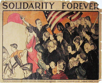Poster for the League for Industrial Democracy, designed by Anita Willcox during the Great Depression, showing solidarity with struggles of workers and poor in America. Photo of poster: Judy Seidman via Wikipedia.