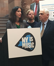 Local 802 political director Maya Kremen and Rep. Joe Lentol spoke in favor of a tax credit program for music production at a press conference in Albany.