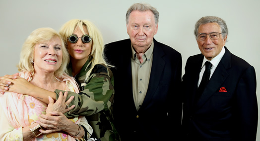 Local 802 member Marion Evans (center), surrounded by his wife Terri, Lady Gaga and Tony Bennett, conducted and arranged the band for Lady Gaga's and Tony Bennett's album "Cheek to Cheek," which won a Grammy for best traditional pop vocal album of 2014 and was recorded under a union agreement.