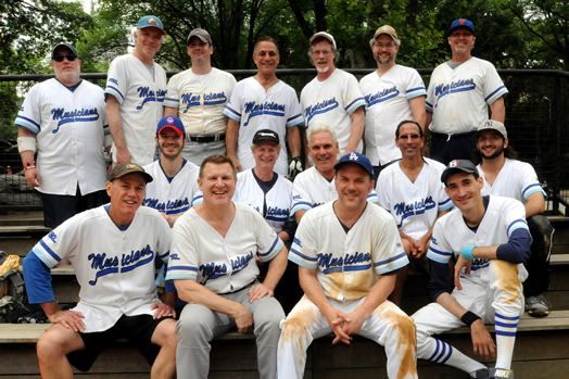 THE LOCAL 802 MUSICIANS A.M. TEAM. Front row (left to right): Jack Mead, Clint Sharman (manager), Jeff Nelson, Jordan McLean. Middle row: Patrick Laslie, Sue Winthrop, Nick Massi, Jim Dos Santos, Michael Lombardi. Back row: Marc Ernay, Steve Gevedon, Seneca Black, Tony Danza, Jim Robinson (asst. manager), Greg Biggler, Todd Montgomery.