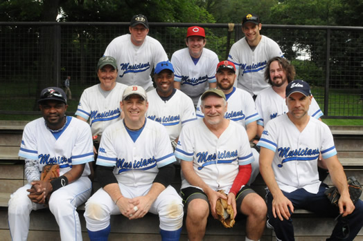 THE LOCAL 802 MUSICIANS P.M. TEAM. Front row (from left to right): Bryant Snyder, Louis B. Crocco, Bennett Beckenstein, Greg Stuhr. Middle row: Patrick Dabdoub, Shawn Andrew, Matt DiGiovanna, Jason Yudoff. Back row: Kevin Witt, Tim Barker, Alex Katz.