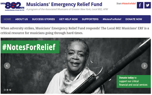 MUSICIANS HELP EACH OTHER: Local 802's social media campaign "Notes For Relief" kicked off in September. The idea was to raise awareness and accept donations for the Musicians' Emergency Relief Fund. Donations are still being accepted; please click image to visit www.local802erf.org to help out.