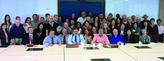 REMEMBERING ALAN GORDON: In 2011, Local 802 and AGMA joined forces in the first-ever combined negotiating session with the New York City Opera. In the front row, from left, Bruce Levine (union counsel), the late Alan Gordon (who had been the executive director of AGMA), Tino Gagliardi, Bruce Simon (union counsel) and James Odom (president of AGMA). Behind them are members of the chorus and the orchestra including Local 802 member Gail Kruvand (chair of the NYC Opera Orchestra committee) as well as other committee members. Photo credit: Daniel Shigo