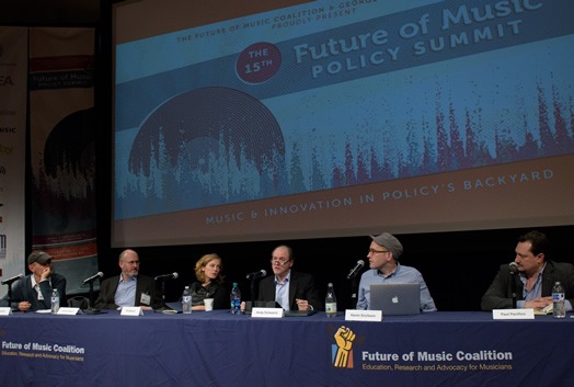 Andy Schwartz spoke at this year's Future of Music Policy Summit on a panel entitled "Herding Cats in Theory and Practice: Musicians Making Impact." Left to right: Bertis Downs, Jeffrey Boxer, Tift Merritt, Andy Schwartz, Kevin Erickson, Paul Pacifico.