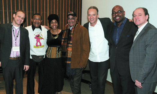 EDUCATING THE NEXT GENERATION OF JAZZ MUSICIANS (from left): Todd Weeks, Bob Cranshaw, Jazzmeia Horn, Jimmy Owens, ed Nash, Christian McBride and Local 802 Recording Vice President Andy Schwartz
