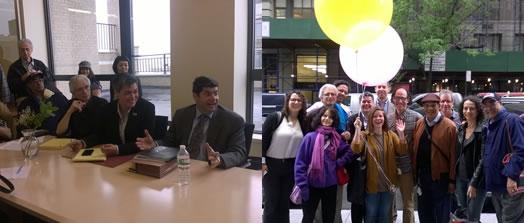 THE NEW SCHOOL COMMITTEE IN ACTION: Teaching artists, union reps and Local 802 counsel Harvey Mars negotiate seriously (left) then relax later after a bargaining session (right). The new contract contains significant benefits for teachers as well as significant changes.