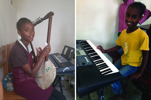 At left, Frehiwot is playing the krar, a kind of Ethiopian guitar. On the right, Yayesh at her music lesson.