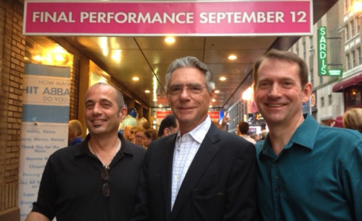 Michael Keller with Ray Marchica and Dave Nyberg on the closing night of Mamma Mia (Sept. 12, 2015) after a 14-year run, making it the eighth longest running Broadway show.