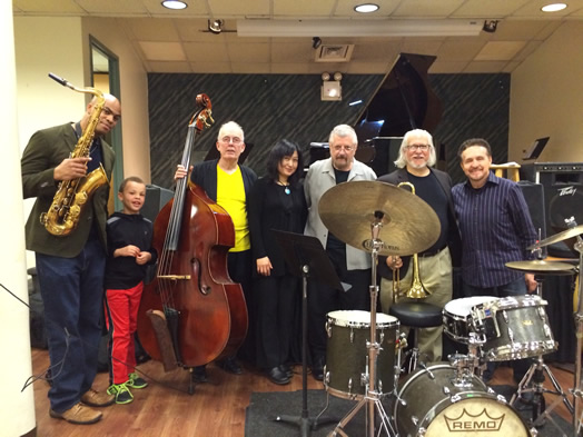 FROM LEFT: Wayne Escoffery, his son Vaughn, Jay Leonhart, Tomoko Ohno Farnham, Ronnie Zito, Bruce Bonvissuto, Memo Acevedo.