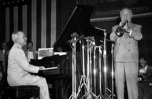 Former President Harry Truman accompanies AFM President Jimmy Petrillo at the 1954 AFM convention. Petrillo's influence at the time is hard to overstate.