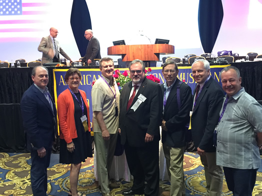 AT THE 100th AFM CONVENTION (from left): Andy Schwartz, Gail Kruvand, Clint Sharman, Tino Gagliardi, Tom Olcott, Bud Burridge and Bob Suttman.