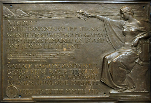 This plaque, which is hanging at Local 802, says: “A tribute to the bandsmen of the Titanic. When the order was ‘each man for himself,’ these heroes remained on board and played till the last.” The plaque then lists the names of the Titanic musicians: bandleader Wallace Hartley, George Krins, Roger Bricoux, Theodore Brailey, John Wesley Woodward, Percy Cornelius Taylor, John Frederick Preston Clarke and John Law Hume. The plaque was commissioned by Local 802’s predecessor, the Musical Mutual Protective Union, after the Titanic sank on April 15, 1912. Photo by Walter Karling.