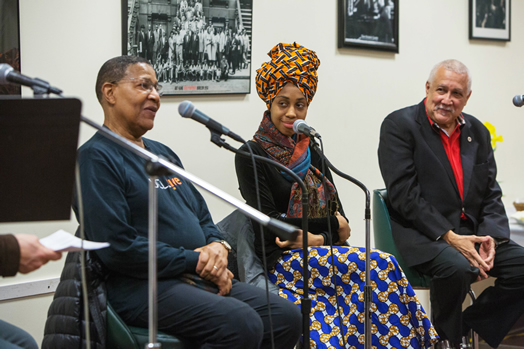 The first Jazz Mentors program took place on March 10, 2016 and featured panelists Paquito D’Rivera (seated at right), Jazzmeia Horn and the late Bob Cranshaw. Photo: Kate Glicksberg.