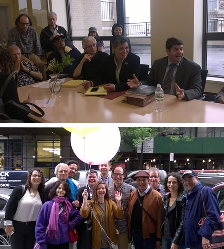 In 2016, jazz faculty at the New School won their new agreement. Teaching artists, union reps and Local 802 counsel Harvey Mars negotiated seriously (top) then relaxed later after a bargaining session (bottom). The new contract contained significant benefits for teachers as well as significant changes.