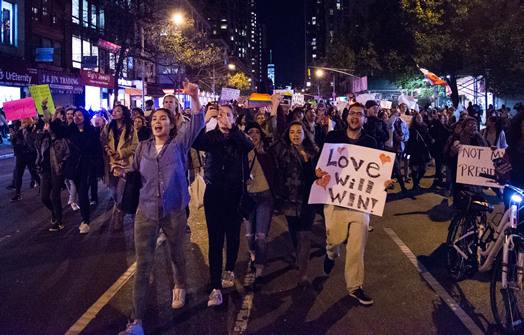 LOVE WILL WIN: Thousands have marched in the name of love, untiy, diversity and tolerance every day since Donald Trump was elected. Photo (by Anthony Albright via flickr.com) from Nov. 11, in a march from Washington Square Park to Trump Tower via 6th Avenue.